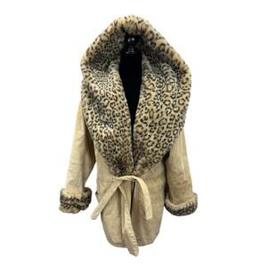 Vintage Suede Coat L Leopard Faux Fur Hood Drama Maxi Collar Belted Boho